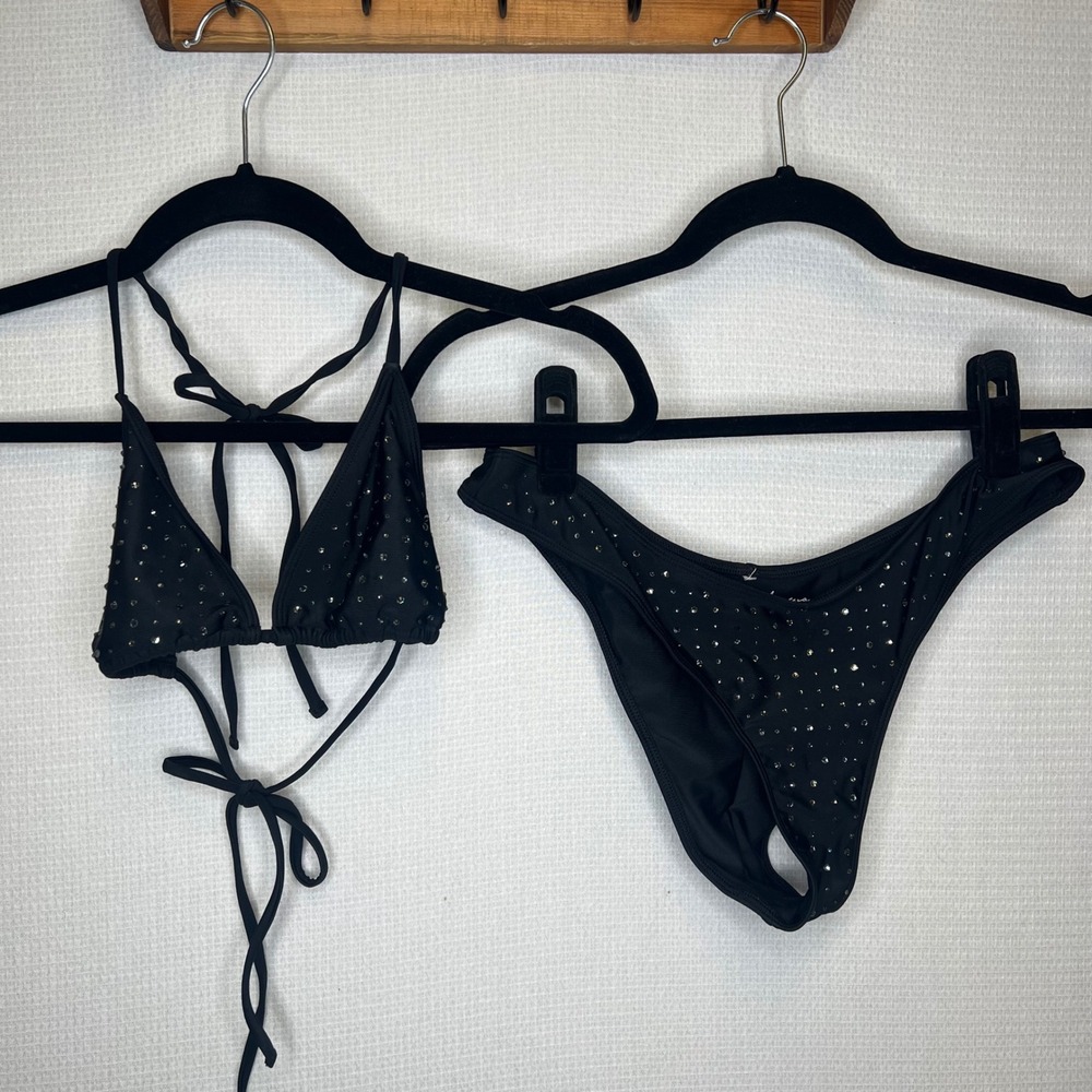 Lovewave Black Rhinestone Triangle Bikini Set Small Top Medium Bottom Swimsuit
